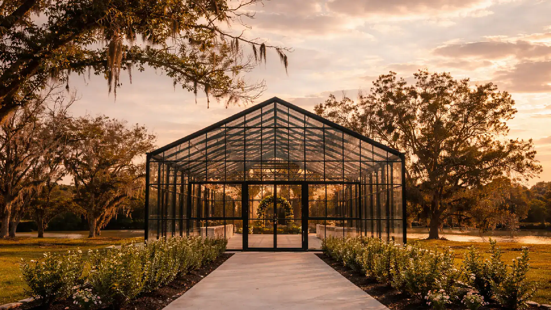 indoor glass wedding venue near houston ceremony setup