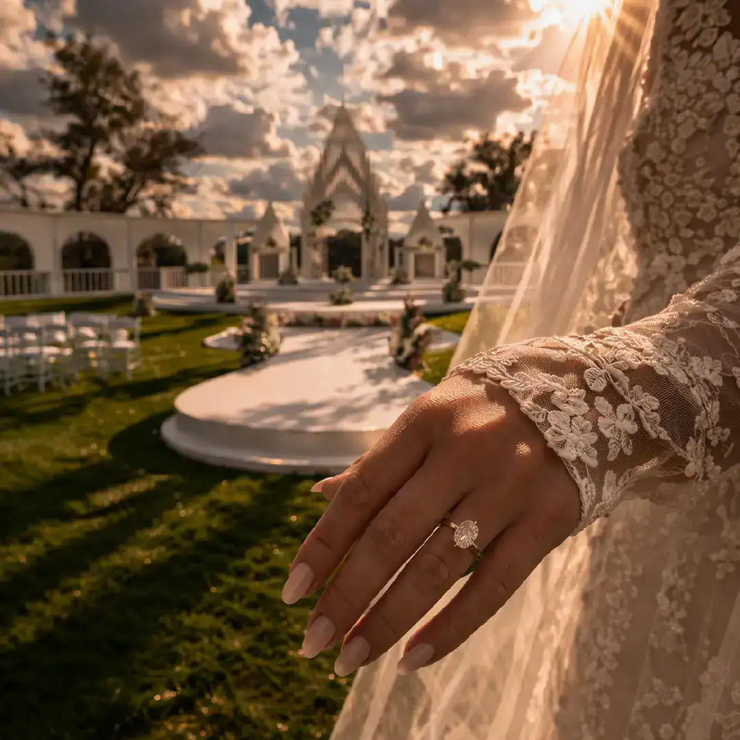 bride with a wedding ring on in a architectural wedding venue near houston ivory arches ceremony space