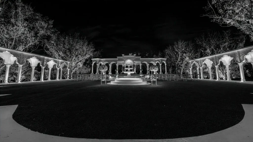 courtyard wedding venue at night near houston romantic outdoor ceremony