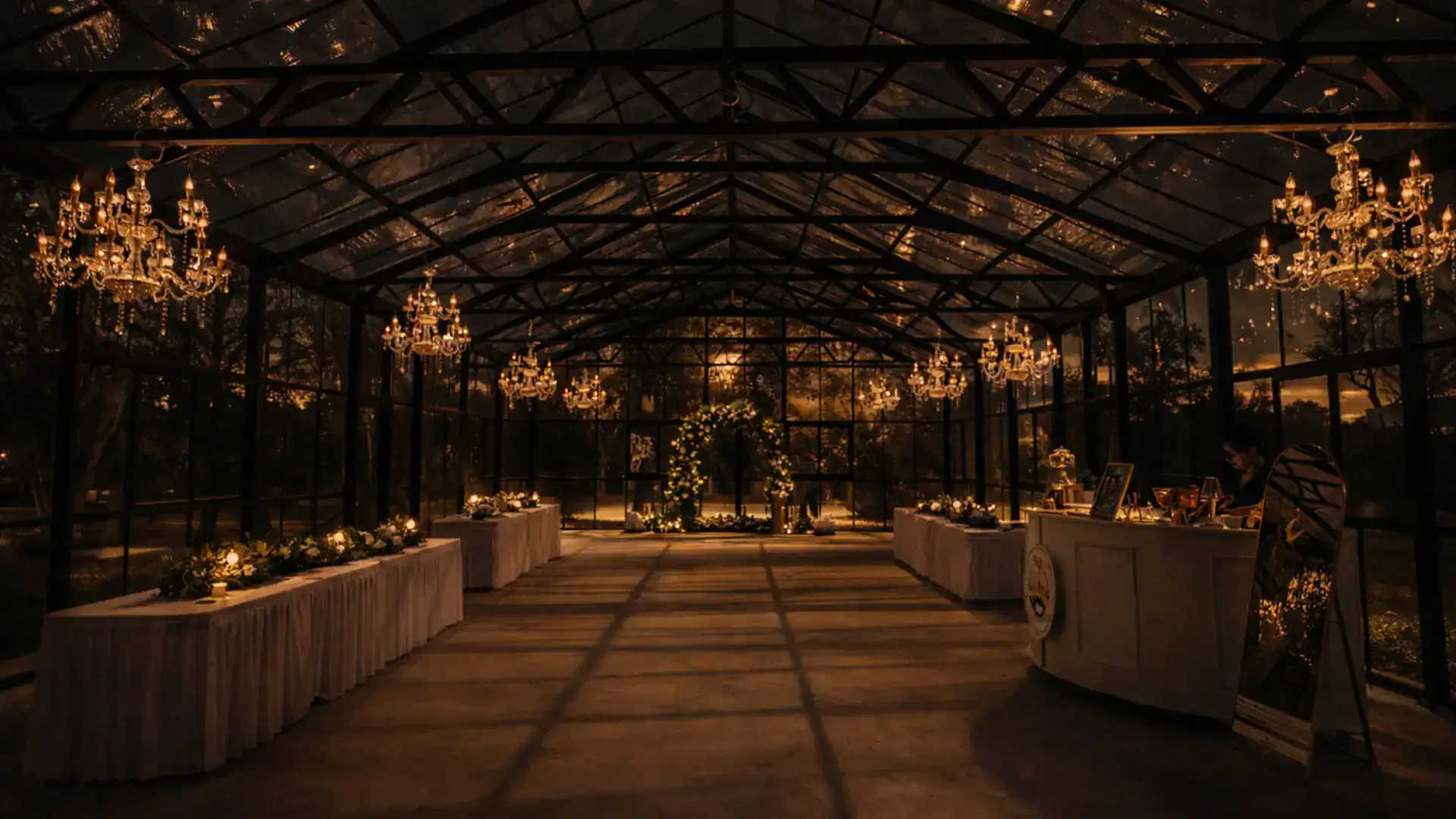 contemporary wedding venue near houston glasshouse design at night