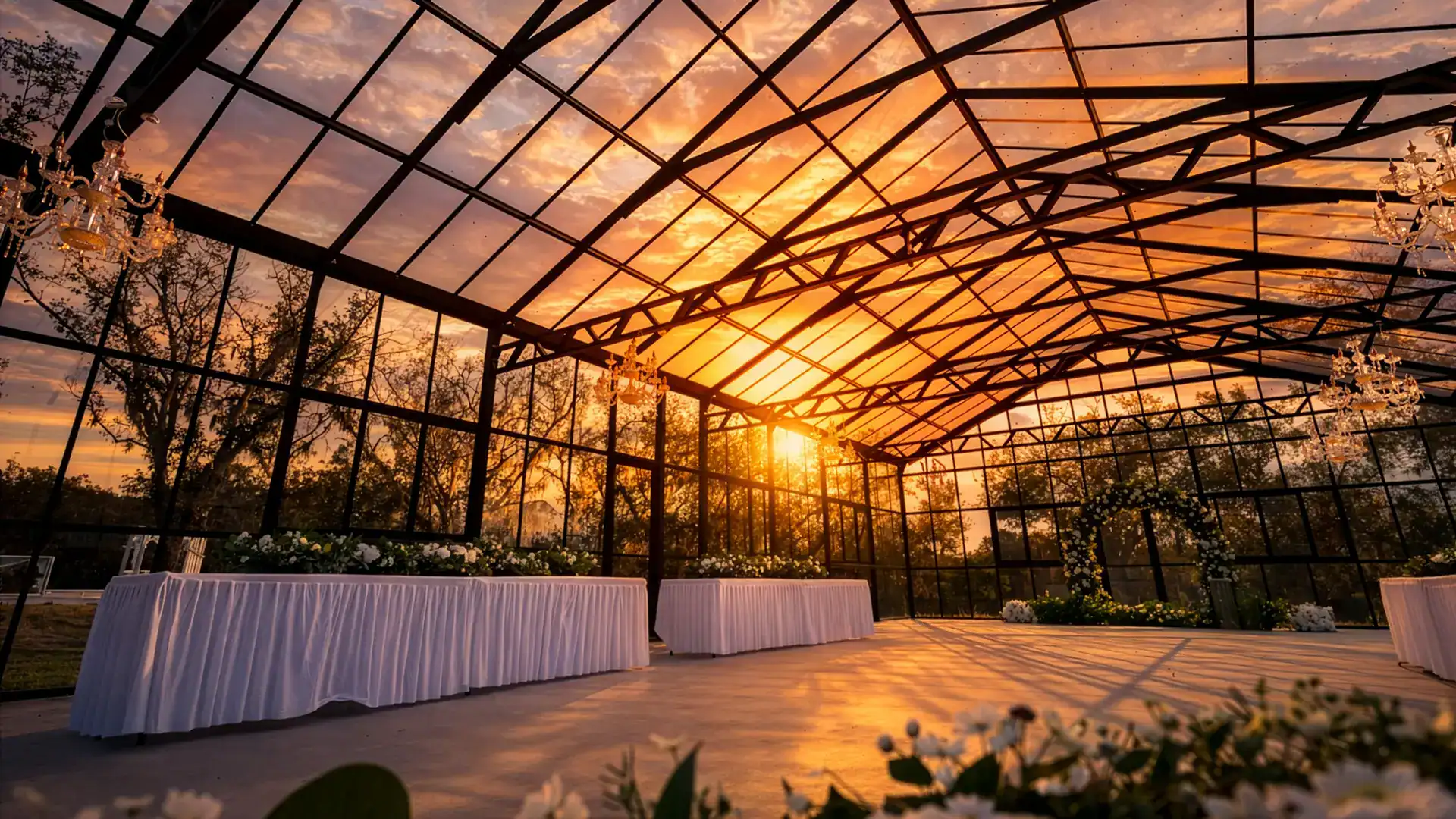 luxury glass wedding venue near houston texas at sunset