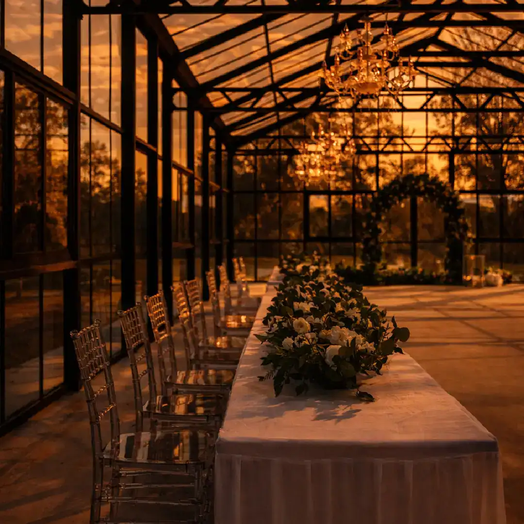 greenhouse wedding venue texas aisle setup with glass architecture