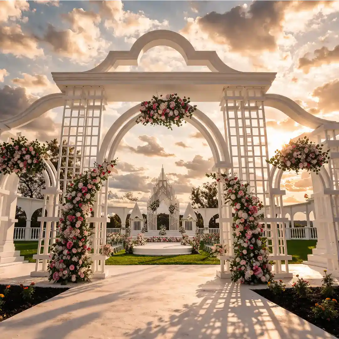 modern ceremony arches decorated with luxury wedding flowers