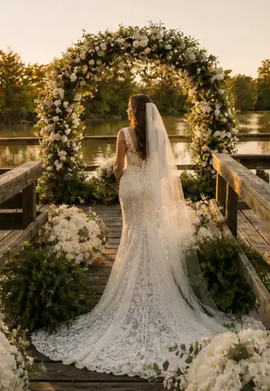 bride at waterfront wedding venue near houston ceremony by the water