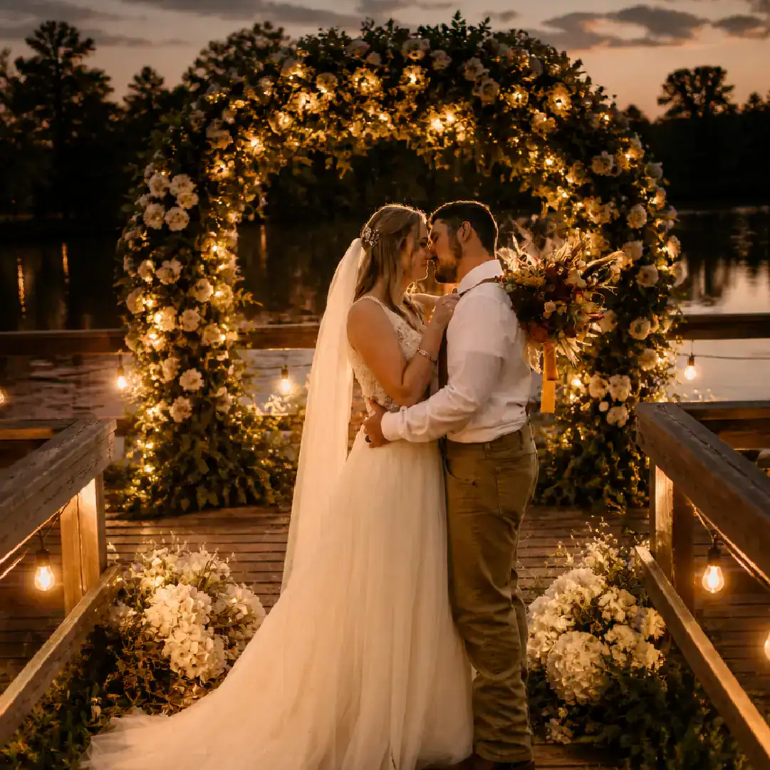 couple kiss at a peaceful lakeside wedding venue near houston texas