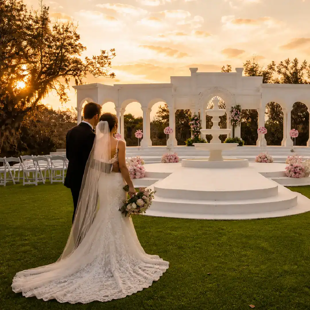 bride and groom enjoy an elegant courtyard wedding venue near houston texas