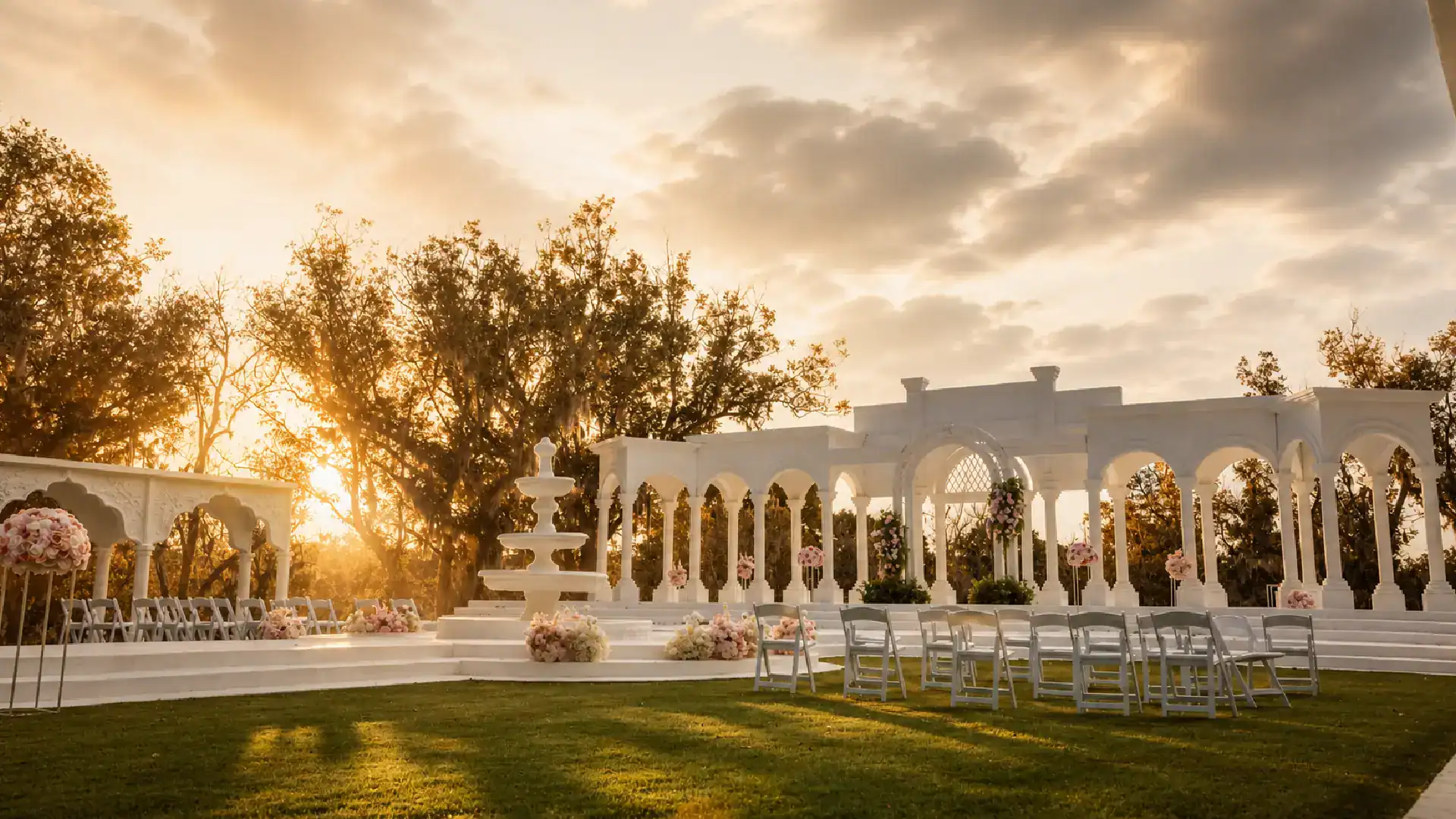 sunset at a romantic courtyard wedding venue near houston ceremony layout